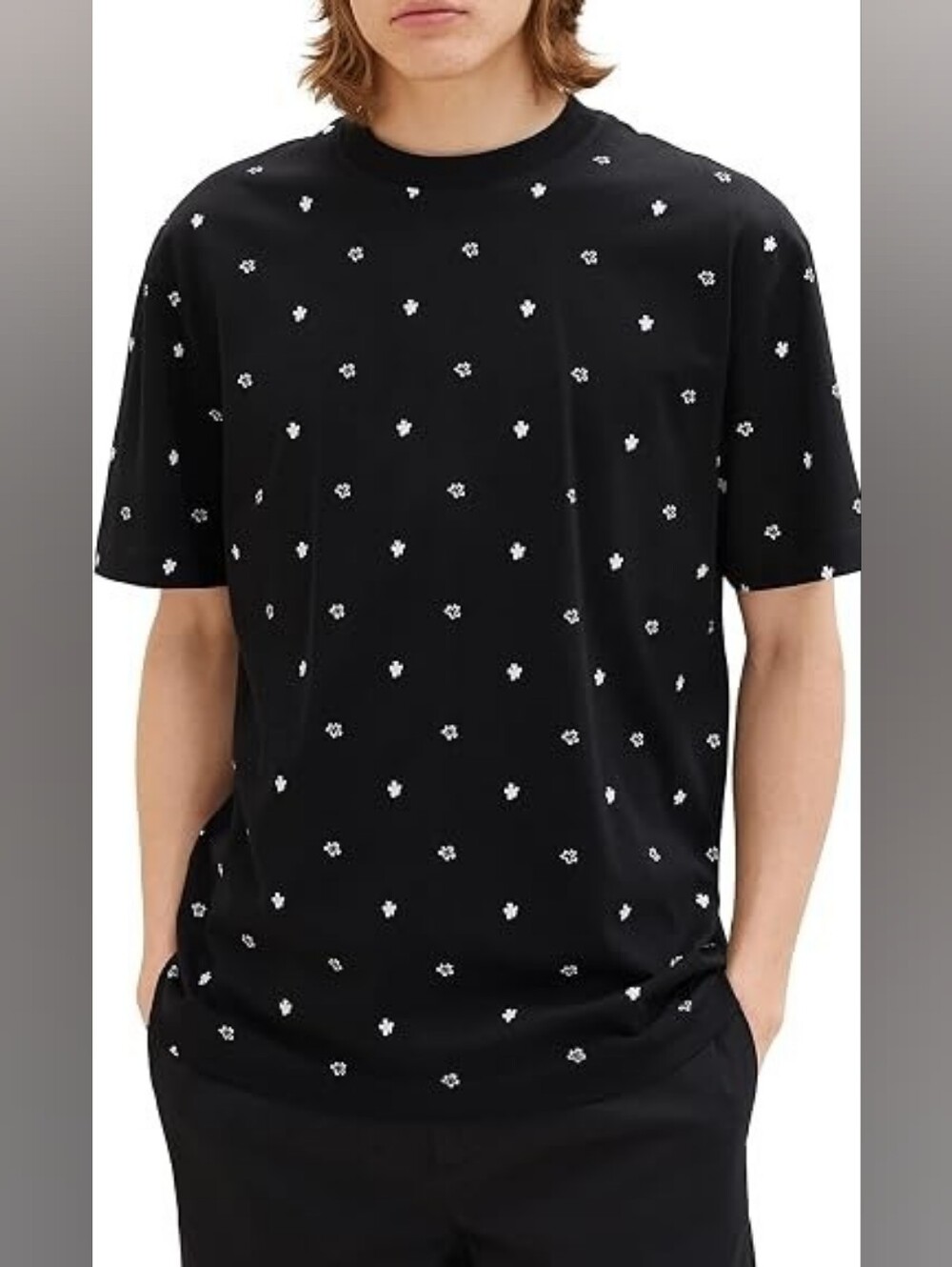 Denim & Flower Black Tee with White Micro Skull Print